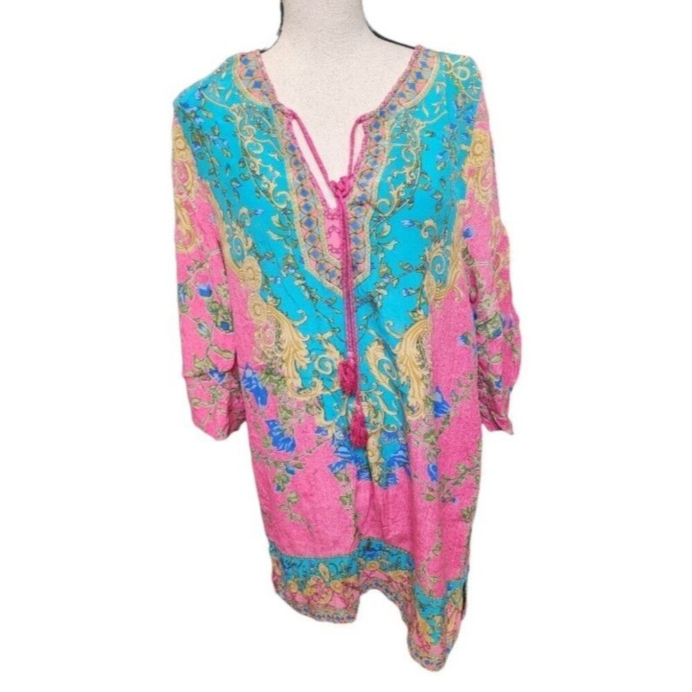 Tolani Silk Boho Shirt Size Medium Flowy Soft Colorful Art-To-Wear